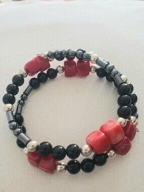 Coral Onyx Sterling Silver Hemetite Bracelet